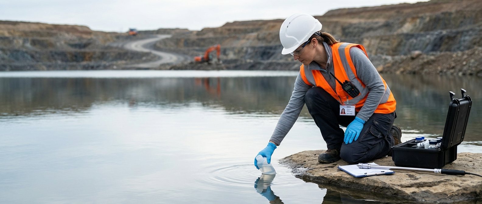 An environmental engineer collecting a water sample at a mine site